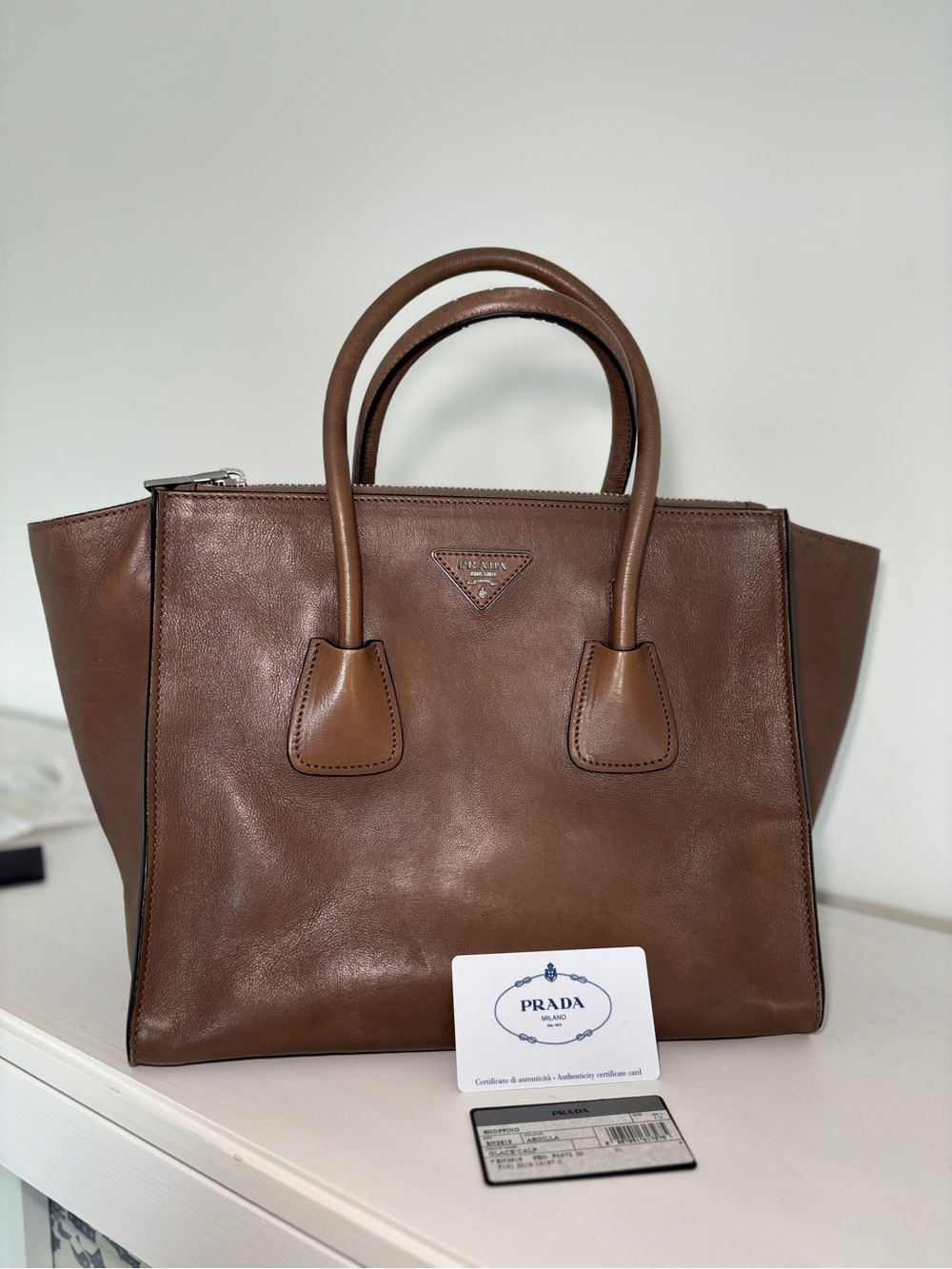Prada Taupe Brown Leather Top-Handle Satchel Authenticity Card and Receipt